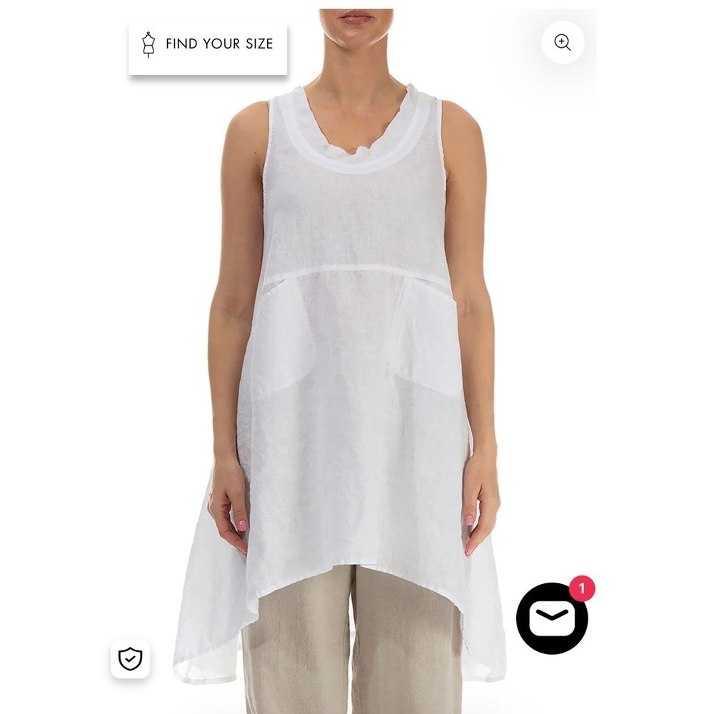 GRIZAS Washed 100% Linen White Dress Sz S‎ Smocked Asymmetric Hem Lagenlook EUC